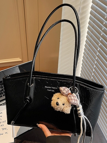 Borsa Tote in Pelle PU Vintage di Grande Capacità per Donna Borsa a Tracolla Singola a Pieghe Alla Moda Con Ciondolo a Orso