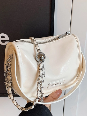 Damen Glänzend PU Leder Umhängetasche Minimalistisch Kleine Quadratische Schultertasche Mit Metallkugel Kettenriemen Mode Handtasche