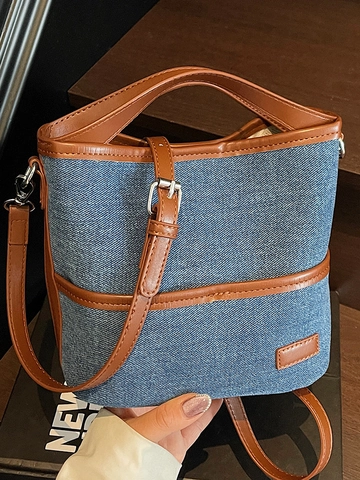 Bolso Bombonera de Lona Informal para Mujer Diseño de Patchwork Bolso de Mano y Hombro Color en Contraste Minimalista Urbano