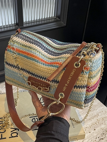 Petit Sac à Épaule en Paille Tissée Rayée Bohème pour Femme Sac Polochon Cylindrique Décontracté Patchwork Mode Voyage Plage