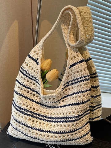 Damen Strohgeflecht Tote-Tasche Ausschnitt Gestreift Große Kapazität Eimer Schultertasche Für Sommer Strand Urlaub Alltag