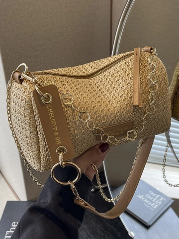 Petit Sac à Épaule en Paille Tissée Rayée Bohème pour Femme Sac Polochon Cylindrique Décontracté Patchwork Mode Voyage Plage