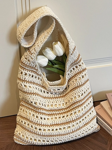 Damen Strohgeflecht Tote-Tasche Ausschnitt Gestreift Große Kapazität Eimer Schultertasche Für Sommer Strand Urlaub Alltag