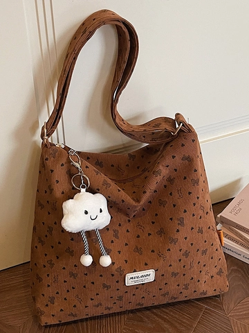 Retro Cord Tote Bag Mit Großer Kapazität Für Damen Herz Schleife Bedruckte Umhängetasche Mit Plüsch Wolke Anhänger Casual Tasche