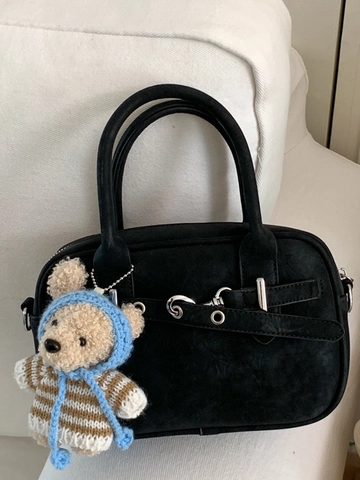 Sac Oreiller de Style Américain Rétro pour Femmes Sac à Main Décontracté à la Mode en Cuir PU Sac à Bandoulière Avec Pendentif Ours