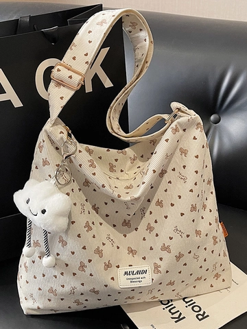 Retro Cord Tote Bag Mit Großer Kapazität Für Damen Herz Schleife Bedruckte Umhängetasche Mit Plüsch Wolke Anhänger Casual Tasche
