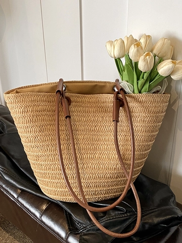 Französisch Stroh Gewebt Tragetasche Für Damen Sommer Strandtasche Große Kapazität Pendler Umhängetasche Minimalistisch Handgewebt Handtasche