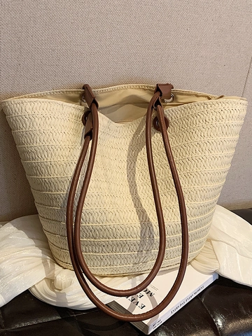 Französisch Stroh Gewebt Tragetasche Für Damen Sommer Strandtasche Große Kapazität Pendler Umhängetasche Minimalistisch Handgewebt Handtasche