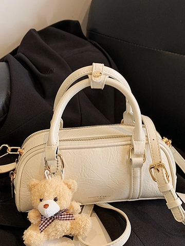 Sac Boston pour Femmes en Cuir PU Texturé Sac à Main Élégant Avec Pendentif Ours Sac à Bandoulière pour le Style Urbain Quotidien