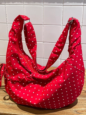 Borsa a Tracolla in Tela a Pois di Grande Capacità Stile Coreano Borsa Hobo Pieghettata Casual da Donna