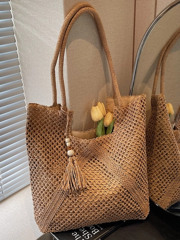 Grote Capaciteit Stro Geweven Tote Bag Opengewerkt Strand Schoudertas Met Kwastje Houten Kralen Vakantie Handtas Vrouwen