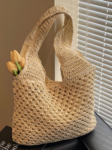 Women Fashion Large Capacity Straw Tote Bag Hollow Out Woven Shoulder Bag For Seaside Holiday Casual Beach Bag