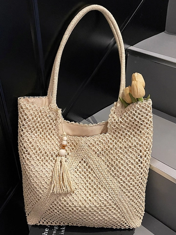 Grote Capaciteit Stro Geweven Tote Bag Opengewerkt Strand Schoudertas Met Kwastje Houten Kralen Vakantie Handtas Vrouwen