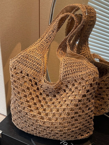 Women Fashion Large Capacity Straw Tote Bag Hollow Out Woven Shoulder Bag For Seaside Holiday Casual Beach Bag