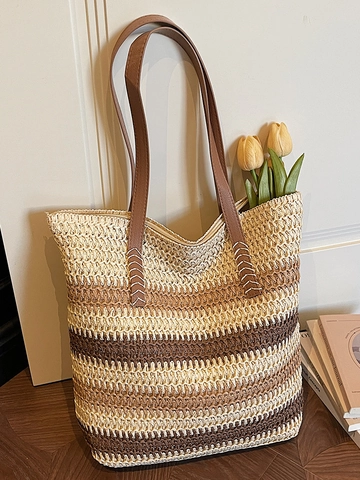 Damen Große Gestreifte Gewebte Stroh Tote Bag Lässige Urban Style Sommer Strand Urlaub Schulter Handtasche Mit PU Leder Griffe