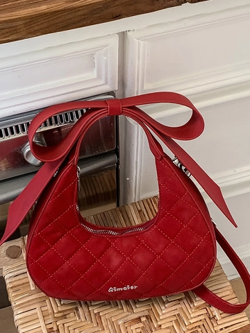Bolso Hobo de Media Luna Acolchado para Mujer Con Lazo Grande Perla Artificial Cuero PU Cadena Bolso de Hombro Cruzado