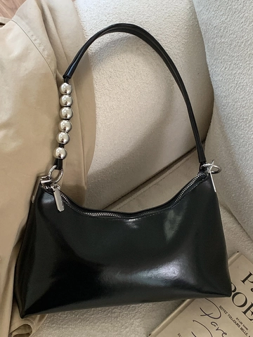 Minimalist Women Underarm Bag PU Leather Hobo Bag With Metal Bead Strap Stylish Solid Color Daily Shoulder Bag With Charm