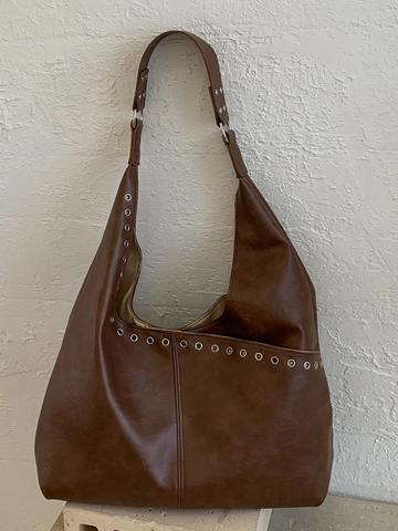 Grote Dames PU-Leren Hobo Tas Met Metalen Oogjes Klinknagels Schoudertas Retro Woon-Werkverkeer Onderarm Tote Handtas