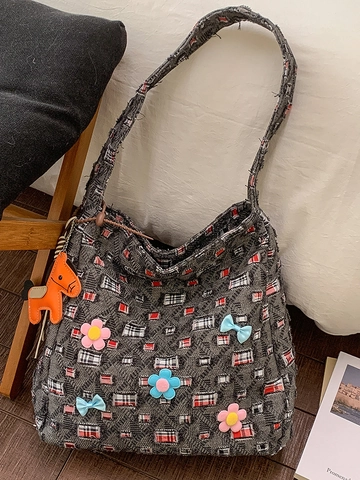 Damen Trendy Canvas Tragetasche Große Kapazität Pendeln Schultertasche Mit Blumen Schleife Patchwork Mode Tote Für Studenten