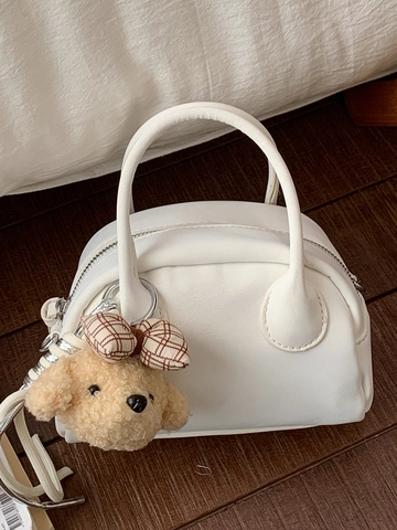 Damen Retro PU Leder Mini Bowling Tasche Süße Boston Tasche Mit Plüsch Anhänger Umhängetasche Handtasche Für Den Alltag
