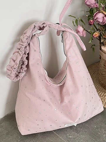 Fashion Star Print Canvas Tote Bag For Women Large Capacity Scrunchie Handle Shoulder Bag With Bow Detail Casual Handbag