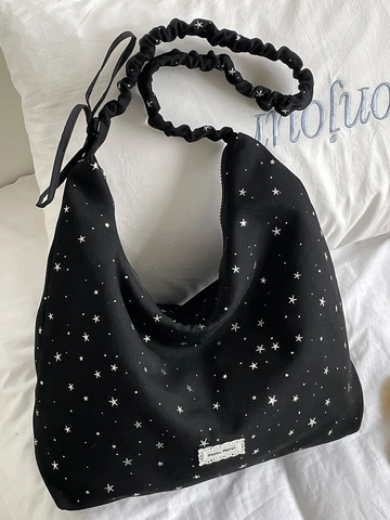 Fashion Star Print Canvas Tote Bag For Women Large Capacity Scrunchie Handle Shoulder Bag With Bow Detail Casual Handbag
