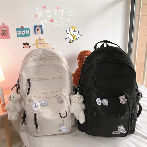 Large Capacity Oxford Cloth School Backpack For Students Travel Multi-pocket Bag Casual Backpack With Bear Pendant And Badges