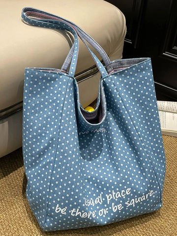 Bolso Tote de Lona de Gran Capacidad para Mujer con Estampado de Estrellas y Lunares Bolso de Hombro Casual Urbano