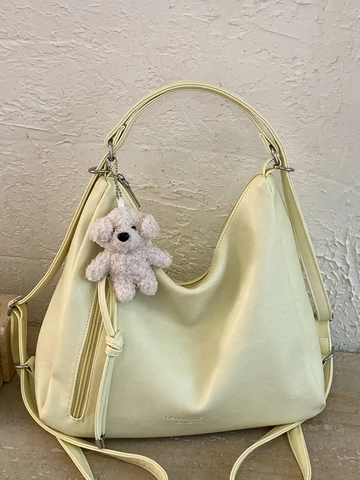Sac Hobo en Cuir PU Rétro Coréen pour Femmes Grande Capacité Sac Fourre-tout Sac à Bandoulière Sac à Main Décontracté Avec Pendentif Ours en Peluche Sac Quotidien Mode Urbaine