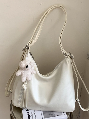 Sac Hobo en Cuir PU Rétro Coréen pour Femmes Grande Capacité Sac Fourre-tout Sac à Bandoulière Sac à Main Décontracté Avec Pendentif Ours en Peluche Sac Quotidien Mode Urbaine