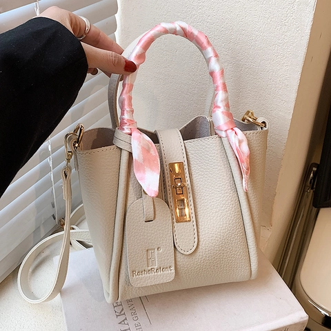 Dames Lychee-textuur PU Leer Emmertas Goud Slot Crossbody Handtas Met Zijden Sjaal Handvat Stedelijk Minimalistisch Dagelijks