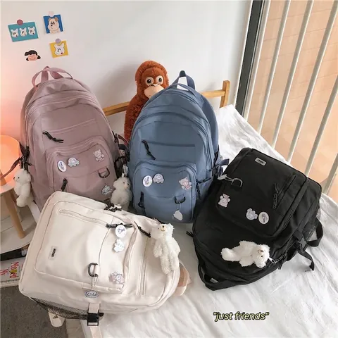 Large Capacity Oxford Cloth School Backpack For Students Travel Multi-pocket Bag Casual Backpack With Bear Pendant And Badges