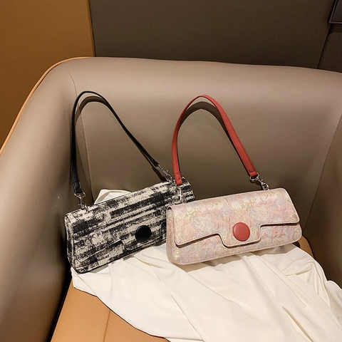 Bolso Baguette Bordado Retro para Mujer Vintage Floral PU Axila Bolso de Hombro Con Hebilla Redonda Moda
