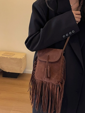Dames Vintage Crossbodytas met Franjes PU Suède Look Tassel Kleine Vierkante Schoudertas Bohemian Retro Handtas