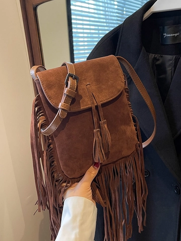 Dames Vintage Crossbodytas met Franjes PU Suède Look Tassel Kleine Vierkante Schoudertas Bohemian Retro Handtas
