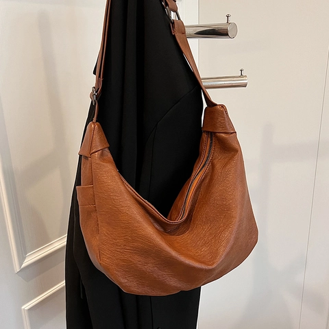 Fashion Large Capacity PU Leather Tote Bag Women Versatile Soft Hobo Shoulder Bag Casual Commuter Handbag Solid Color