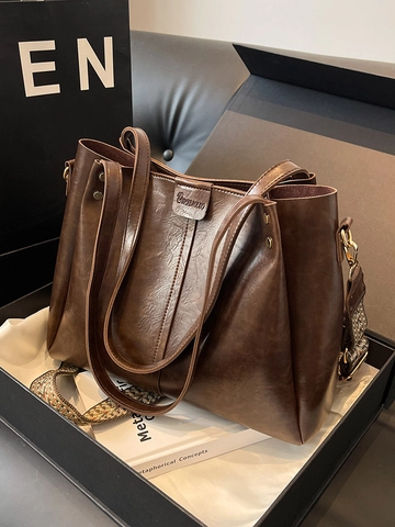Vintage Women Large Capacity Tote Bag PU Leather Solid Color Commuter Shoulder Bag With Bohemian Geometric Patterned Strap