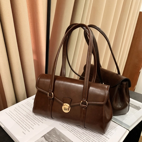 Sac Sous le Bras en Cuir PU Vintage pour Femmes Mode Navetteur Sac à Bandoulière Avec Serrure en Métal Sac à Main Rectangulaire