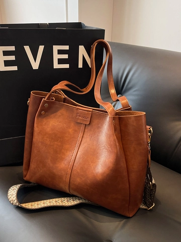 Vintage Women Large Capacity Tote Bag PU Leather Solid Color Commuter Shoulder Bag With Bohemian Geometric Patterned Strap