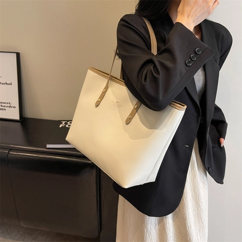 Borsa Tote in Pelle PU di Grande Capacità per Donna Moda Minimalista Cuciture a Contrasto Borsa a Tracolla da Lavoro