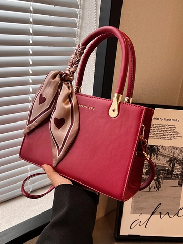 Borsa Tote Rossa Retro da Donna in Pelle PU con Rilievo Borsa a Spalla con Sciarpa a Cuore Manico Intrecciato Grande Capacità Matrimonio