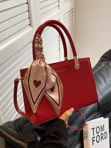 Borsa Tote Rossa Retro da Donna in Pelle PU con Rilievo Borsa a Spalla con Sciarpa a Cuore Manico Intrecciato Grande Capacità Matrimonio