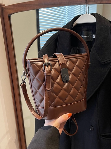 Sac Seau Matelassé en Cuir PU pour Femme Sac à Bandoulière Losanges Avec Poignée Supérieure Sac à Main Retro
