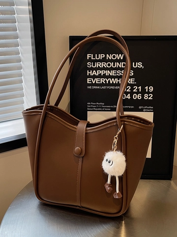 Sac Fourre-Tout en Cuir PU pour Femme Style Coréen Vintage Grande Capacité Sac à Épaule Mode avec Pendentif en Peluche