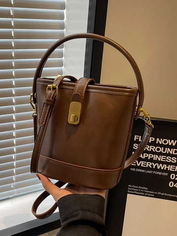 Retro PU Leather Bucket Bag For Women Korean Fashion Simple Solid Color Handbag With Metal Lock Shoulder Crossbody Bag