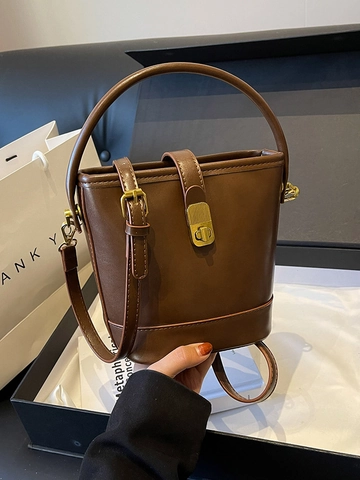 Retro PU Leather Bucket Bag For Women Korean Fashion Simple Solid Color Handbag With Metal Lock Shoulder Crossbody Bag