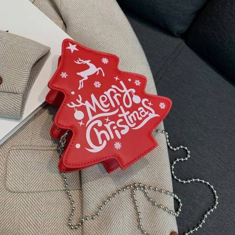 Sac Bandoulière Femme en Forme de Sapin de Noël Imprimé Merry Christmas Mini Sac en PU Chaîne à Billes Argent Accessoire Fête