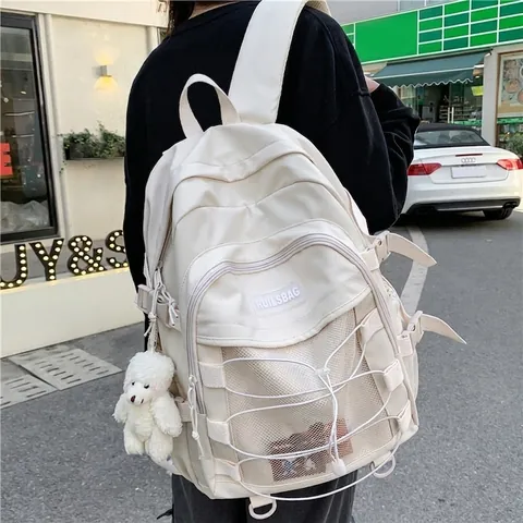 Nylon Damen Rucksack Im Koreanischen Stil Personalisierter Kordelzug Preppy Student Schultasche Modischer Atmungsaktiver Reise Rucksack