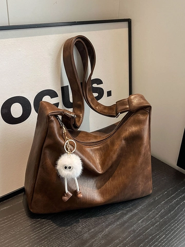 Damen Retro PU Leder Tote Bag Mit Großer Kapazität Mode Hobo Schultertasche Mit Plüsch Anhänger Umhängetasche Pendler Handtasche