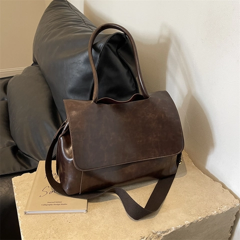 Damen Große Kapazität PU Leder Tragetasche Retro Breiter Schultergurt Umhängetasche Lässige Messenger Bag Pendler Handtasche Für Schule